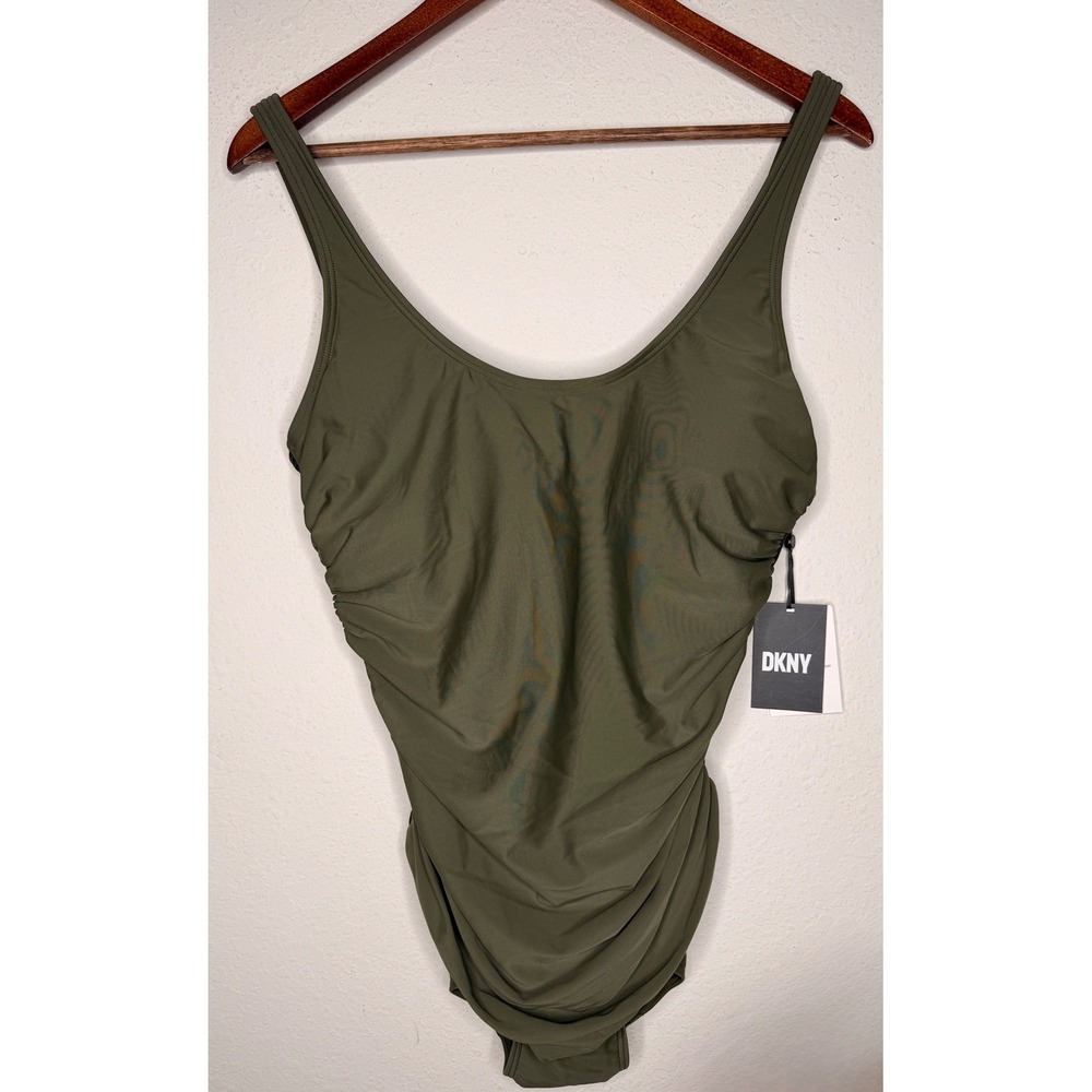 New DKNY Womens Ruched Mesh Side One Piece Swimsuit Olive Green DI2MS536 Size 14 - Picture 7 of 13